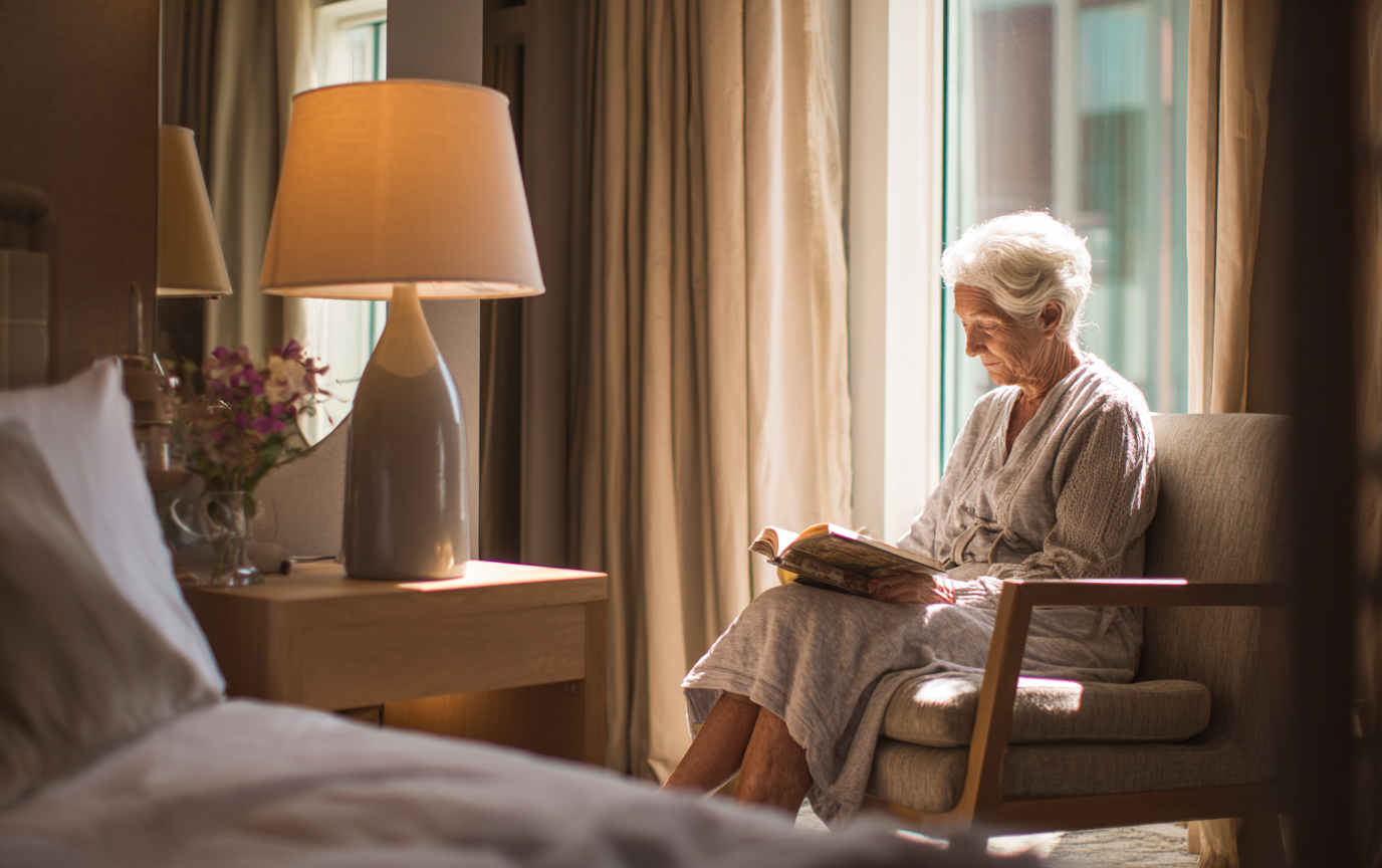 Senior resident reading in a bright private living space