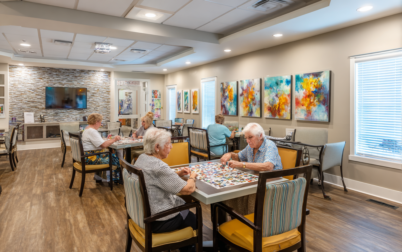 Senior living activity room with regulatory documentation context