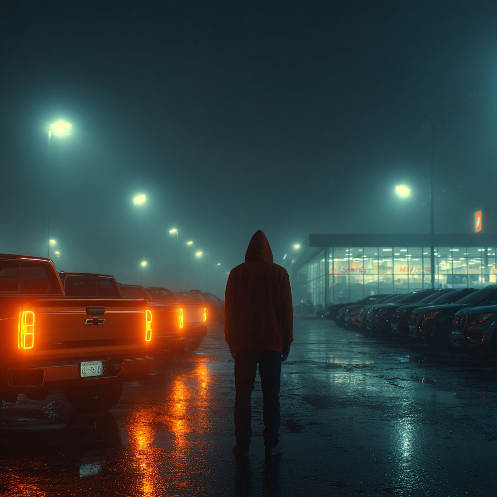 Hooded figure at dealership lot at night
