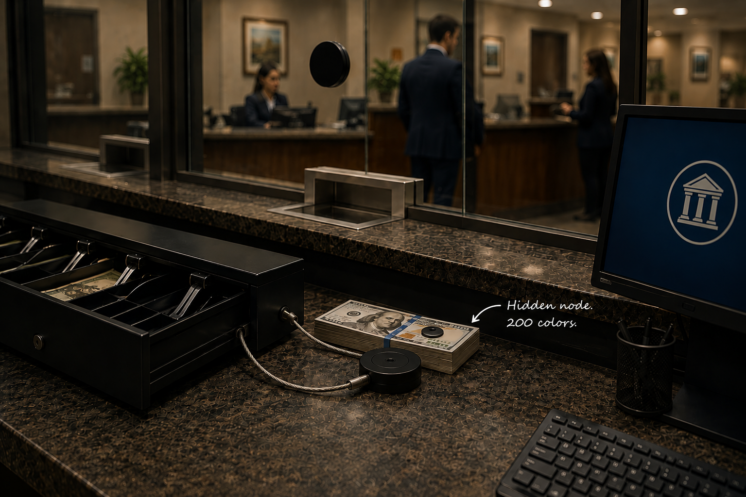 Digital Tripwire node concealed inside a bank cash strap