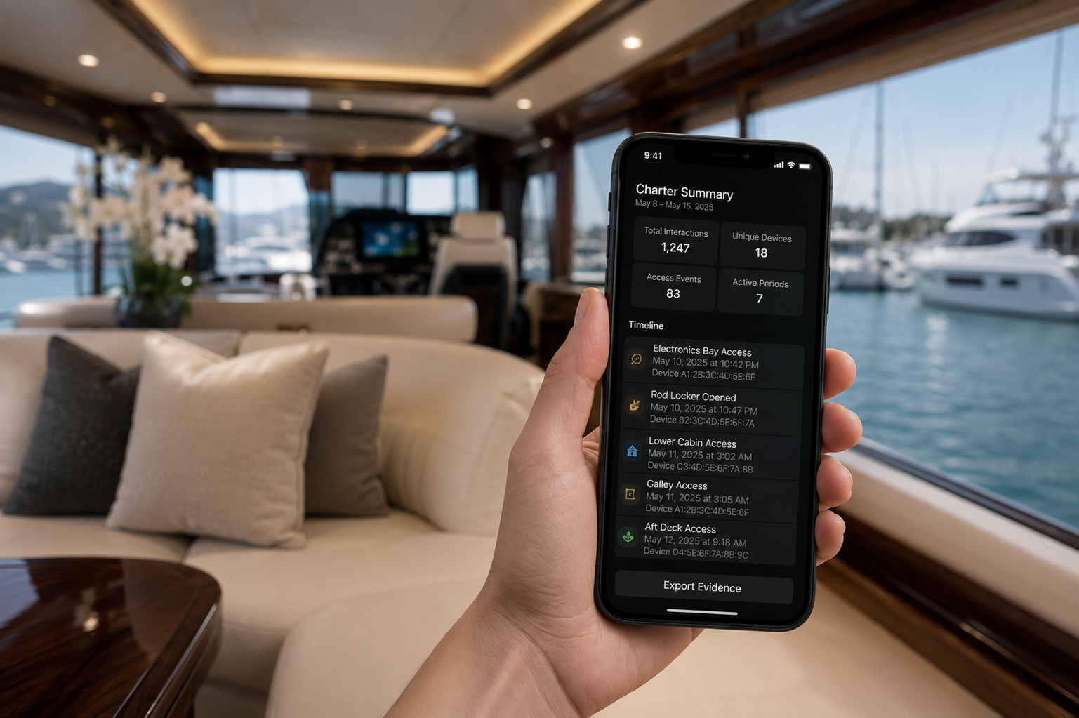 Digital Tripwire charter summary mobile app showing timestamped device interactions and exportable forensic evidence