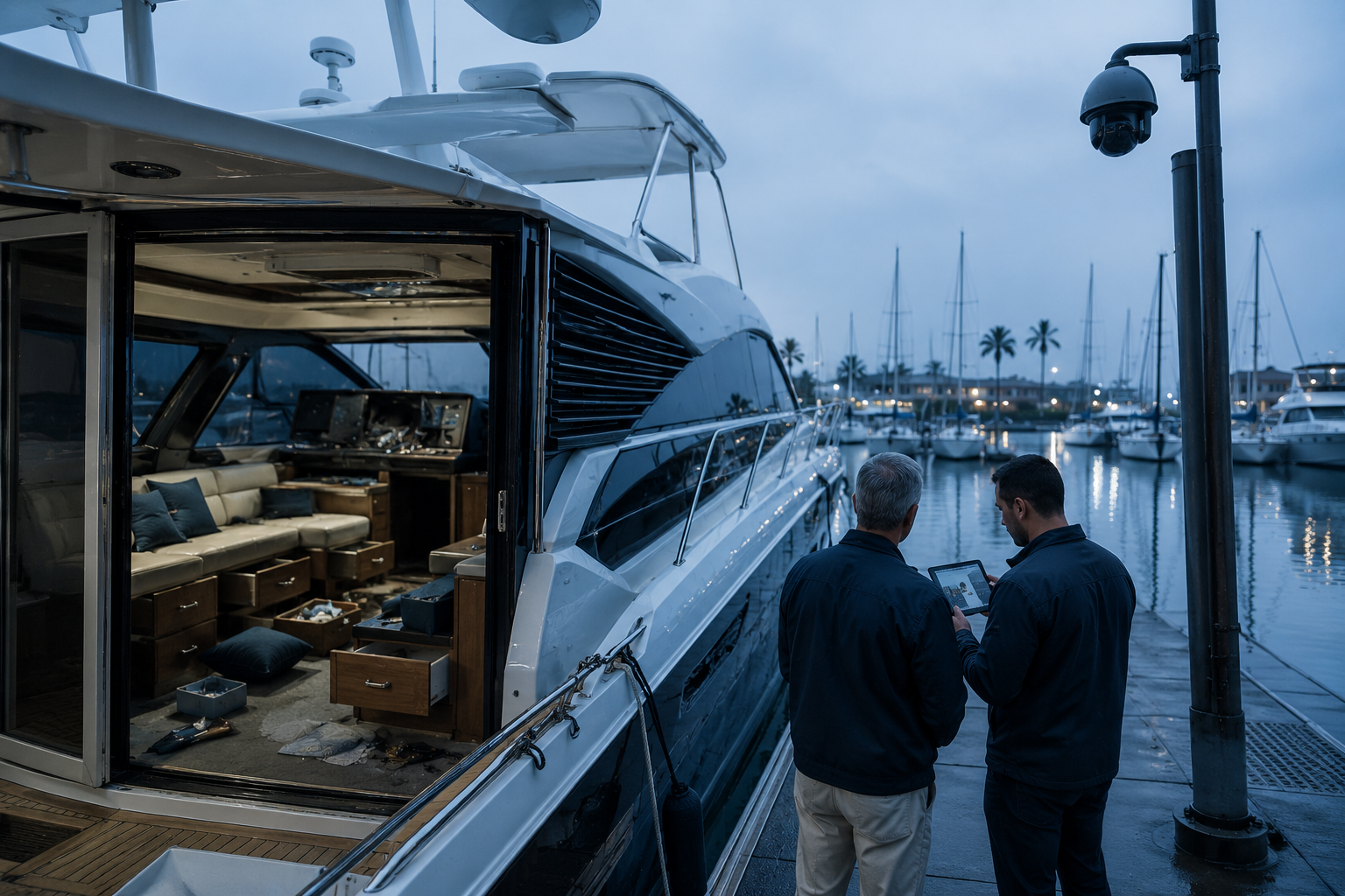 Burglarized yacht at marina with drawers ripped open and dock camera that missed the break-in