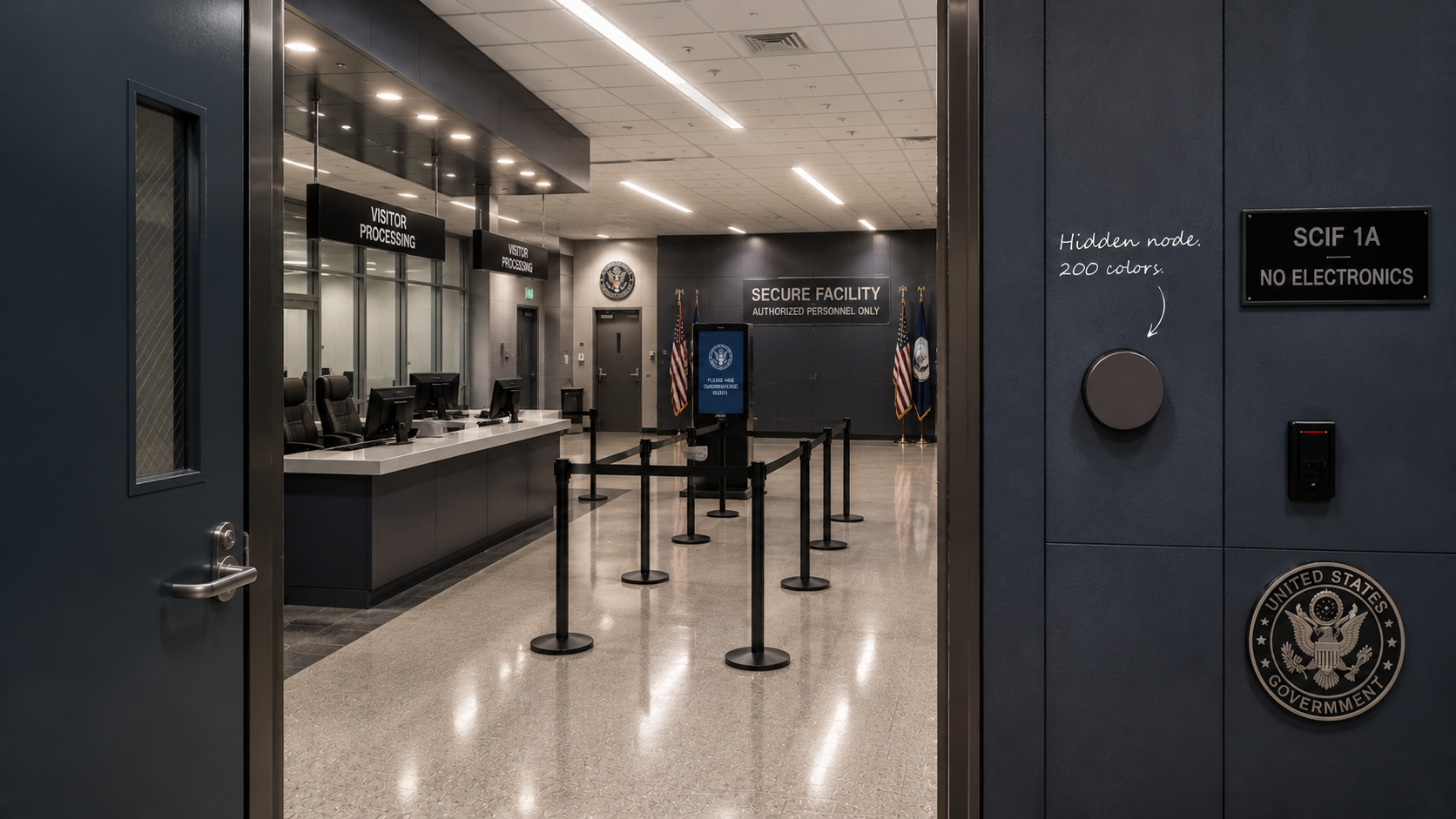 Federal facility corridor with security checkpoint