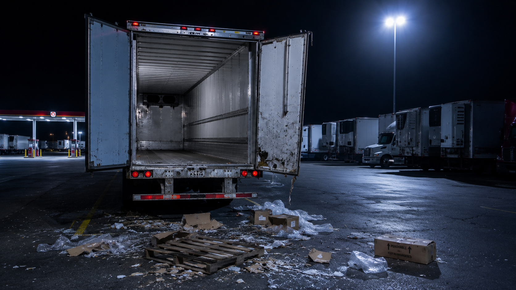 Truck stop yard at night with trailers