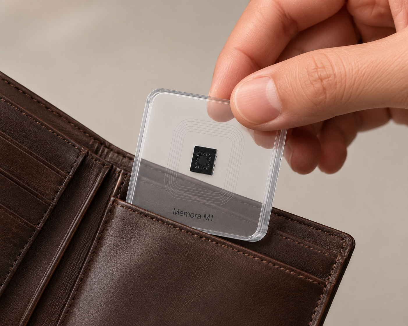 A transparent Memora M1 module held between two fingers, sliding into a leather wallet card slot