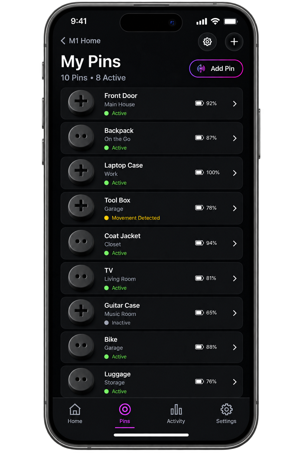 Memora app My Pins screen: 10 Pins with status and battery