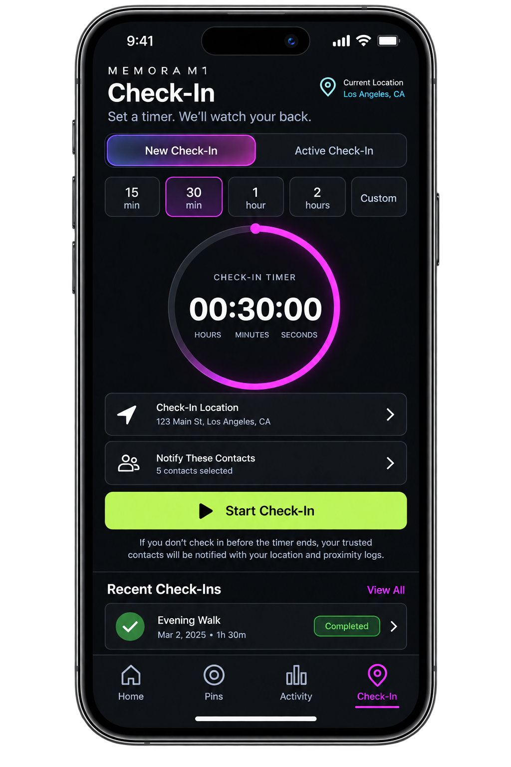 Memora app Check-In screen with a 30 minute timer and trusted contacts