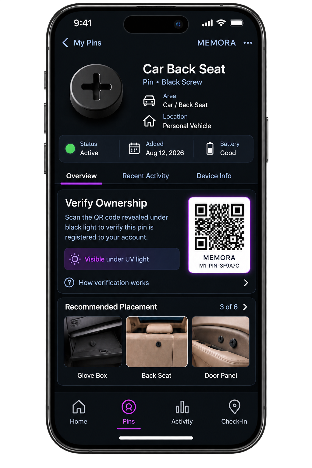 Memora app Pin detail screen with UV-revealed ownership QR code