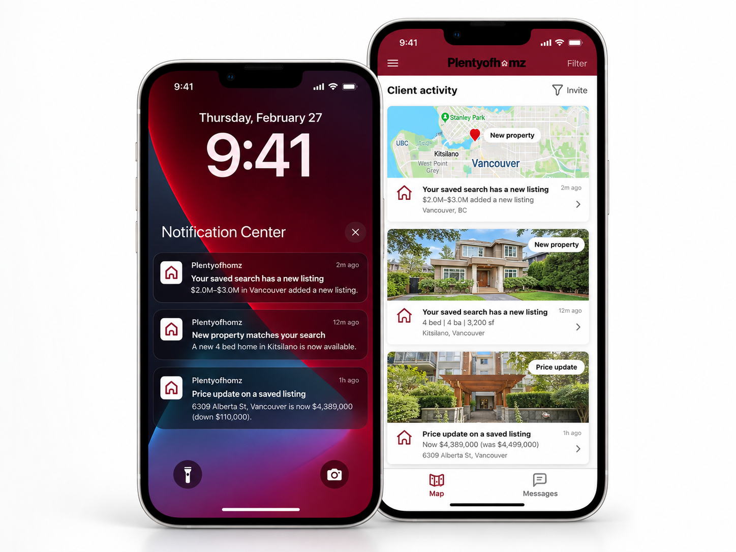 Plentyofhomz real-time saved-search listing alerts and activity updates on mobile