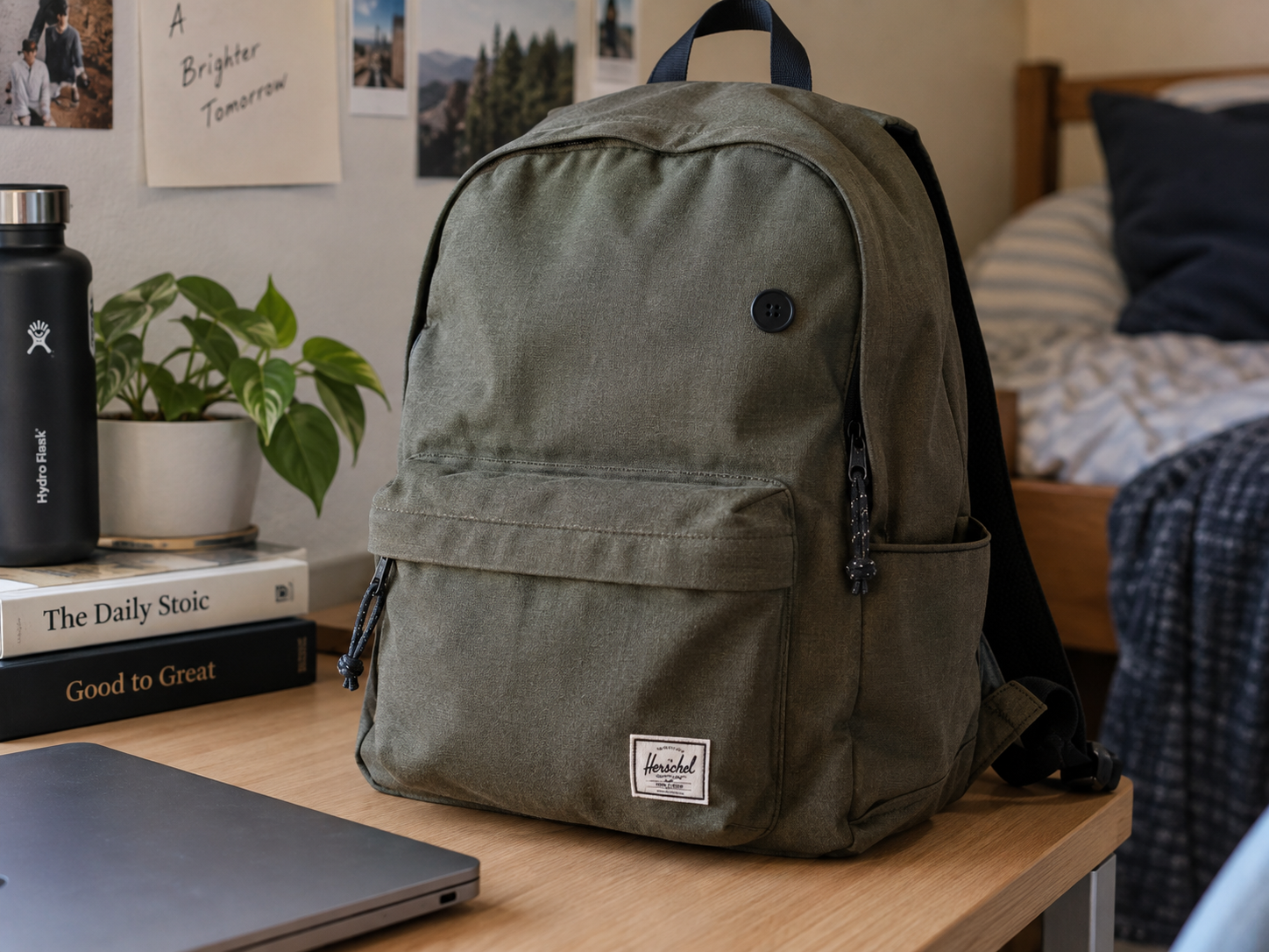 Backpack protected with a black Memora button Pin