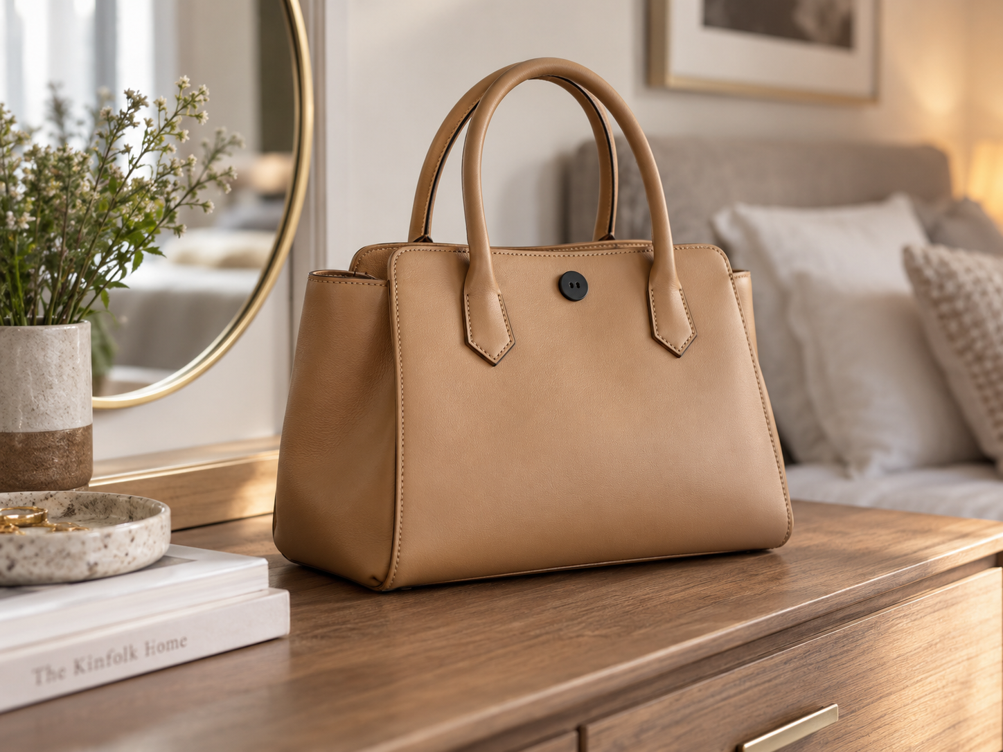 Handbag protected with a black Memora button Pin