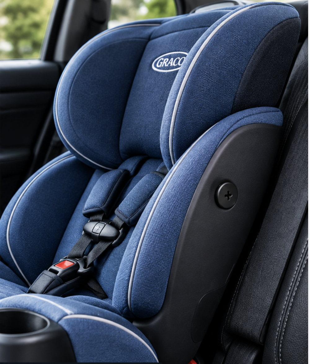 Black Memora screw Pin on blue child car seat